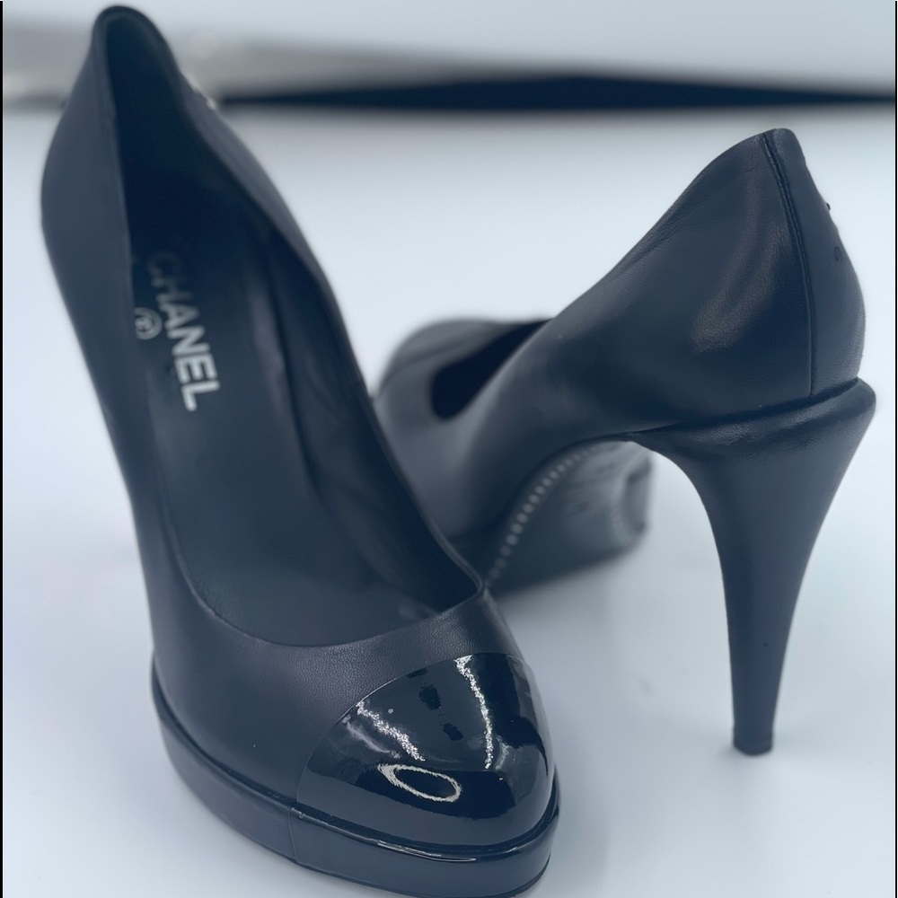 Authentic Chanel Leather Pumps with Patent Cap Toe